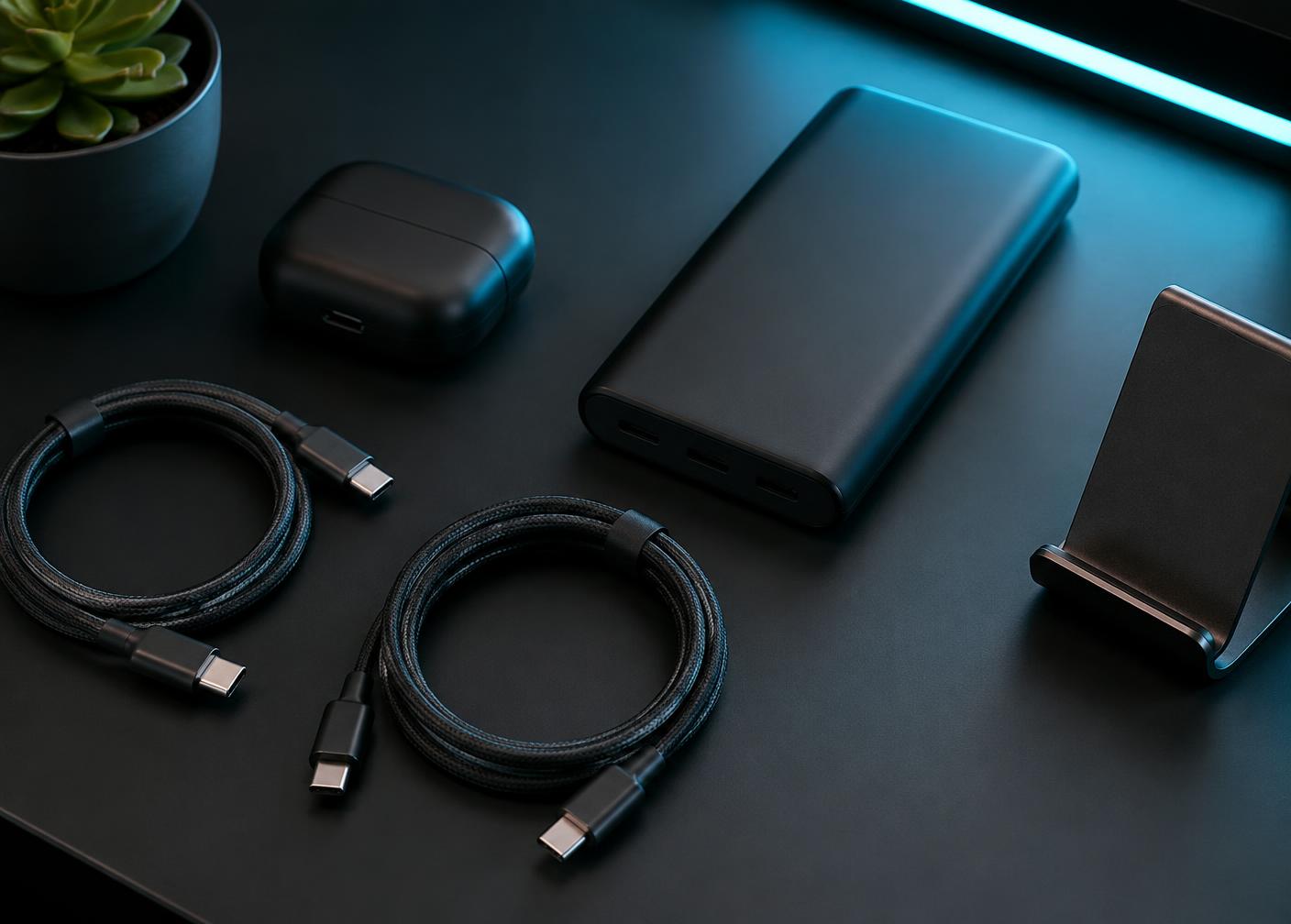 Cabos, power bank, fones sem fio e suporte de celular sobre mesa escura