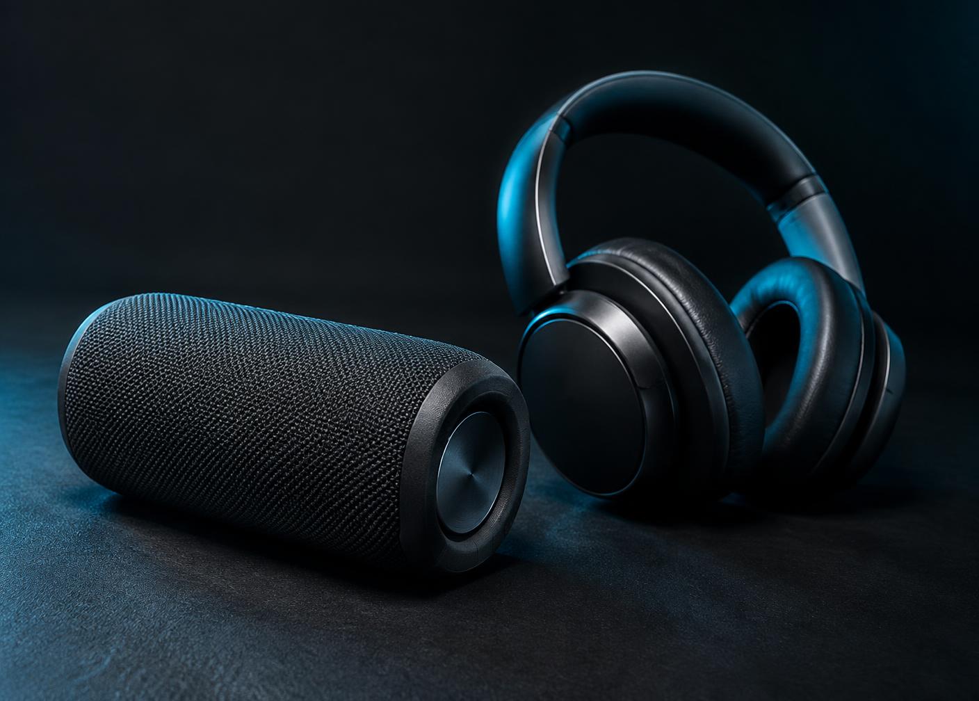 Caixa de som portátil e headphone premium em superfície escura