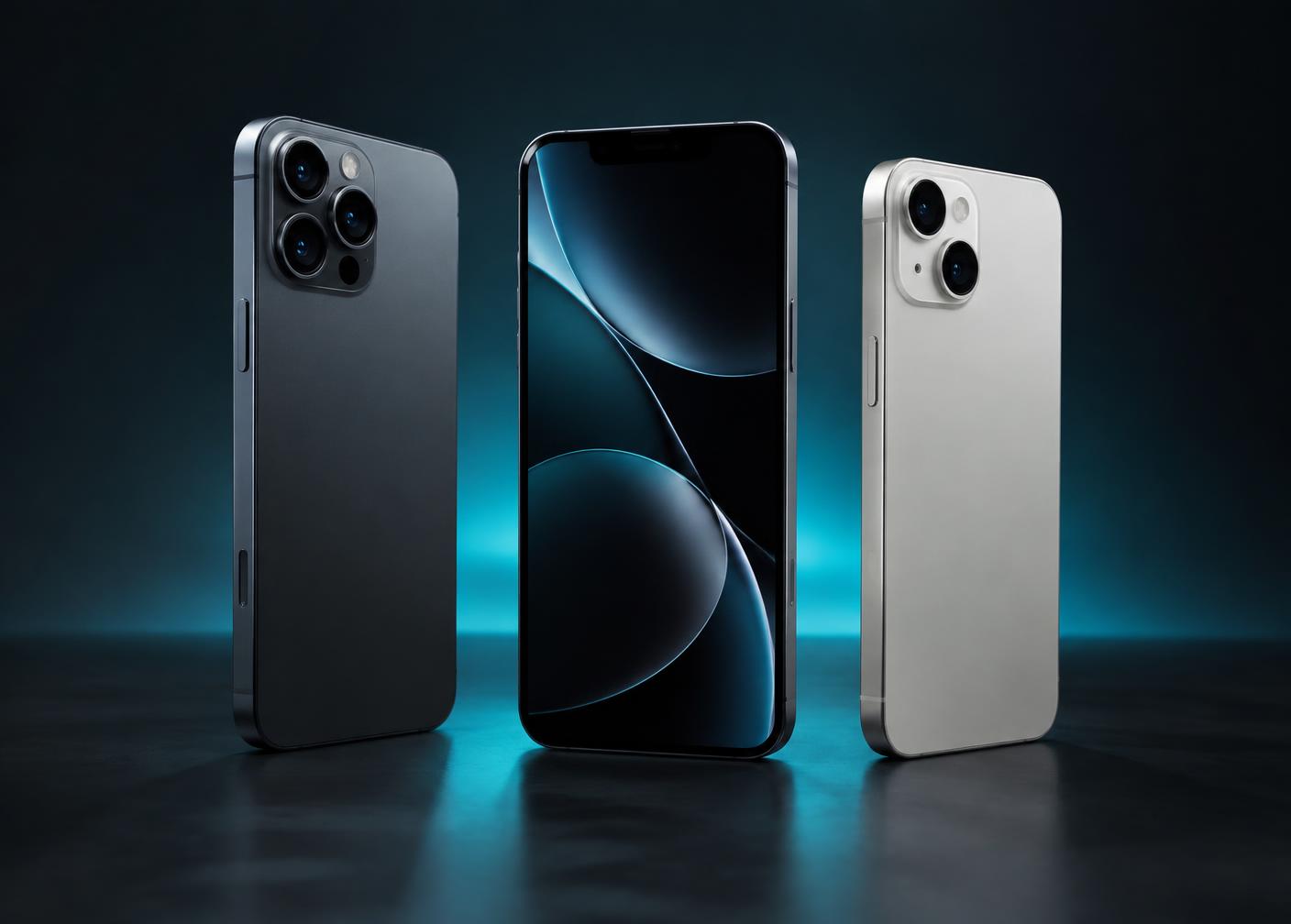 Três smartphones modernos em fundo escuro com reflexo em ciano