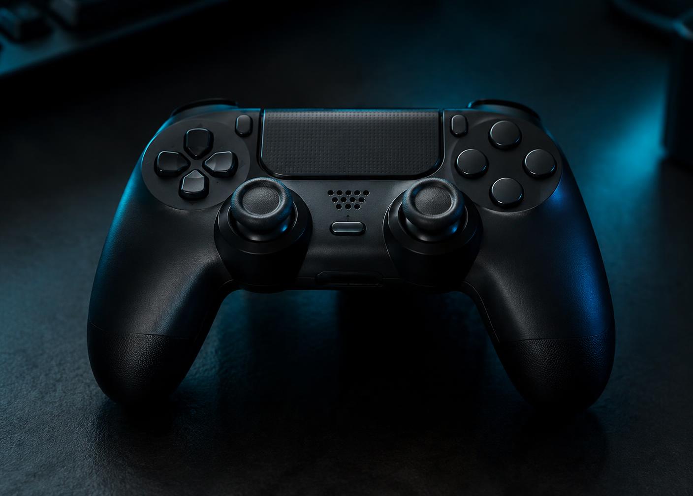 Controle de videogame sobre superfície escura com iluminação azulada